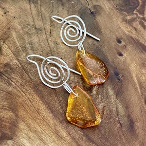 Sterling Silver Amber Swirl Dangle Earrings